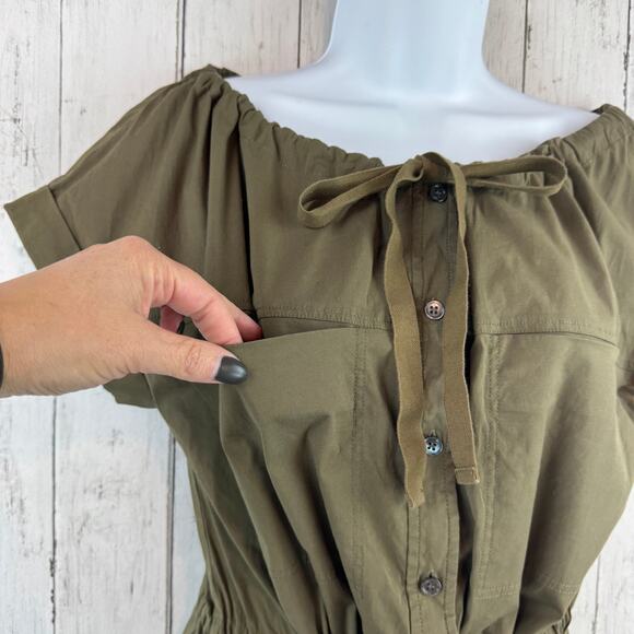 Theory Military Green Laela Cotton Mini Shirt Dress Drawstring Waist Size 4 - Picture 3 of 15